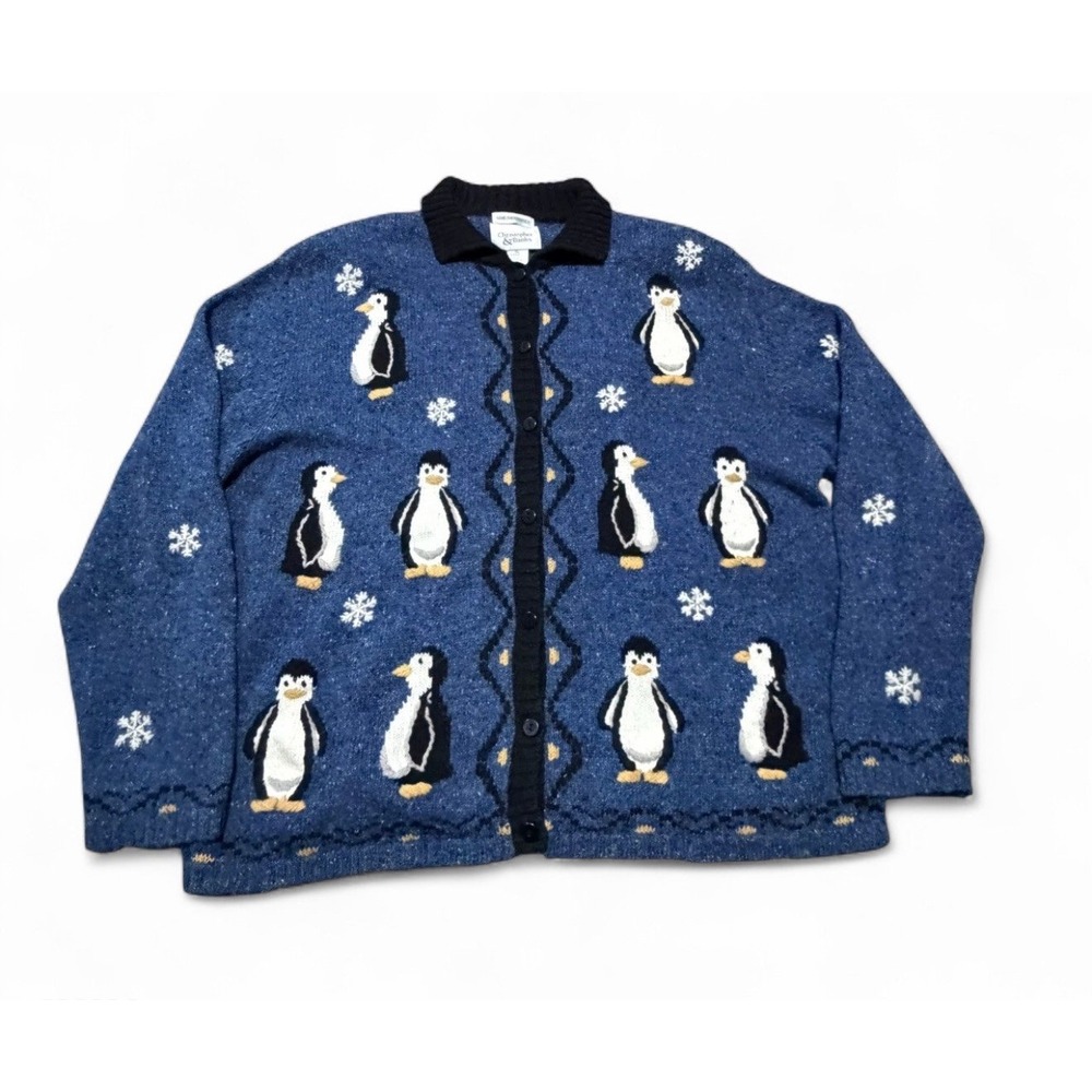 Christopher & Banks Women's XL Penguin Snowflake Cardigan Sweater Blue Winter